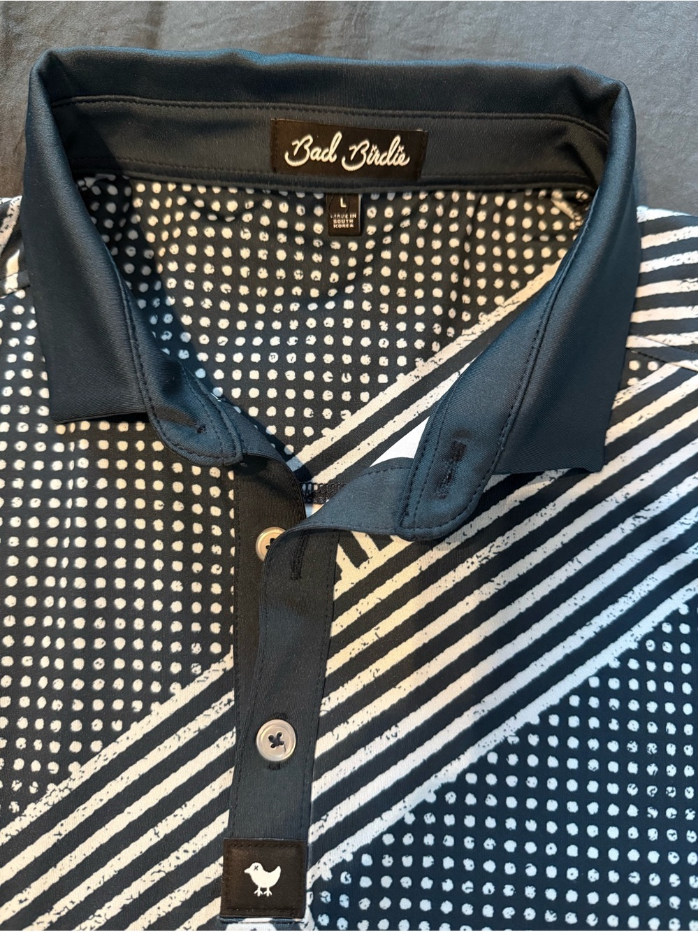 Men’s Large Bad Birdie Navy and Light Grey Diagonal Stripe & Dot Polo